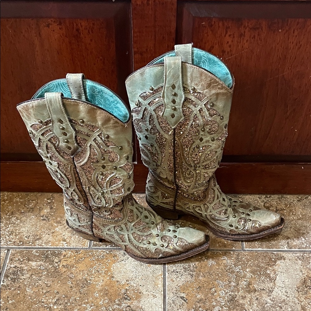 Corral Glitter Embellished Green Women's Western Boots Genuine Leather Snip Toe - Picture 3 of 8